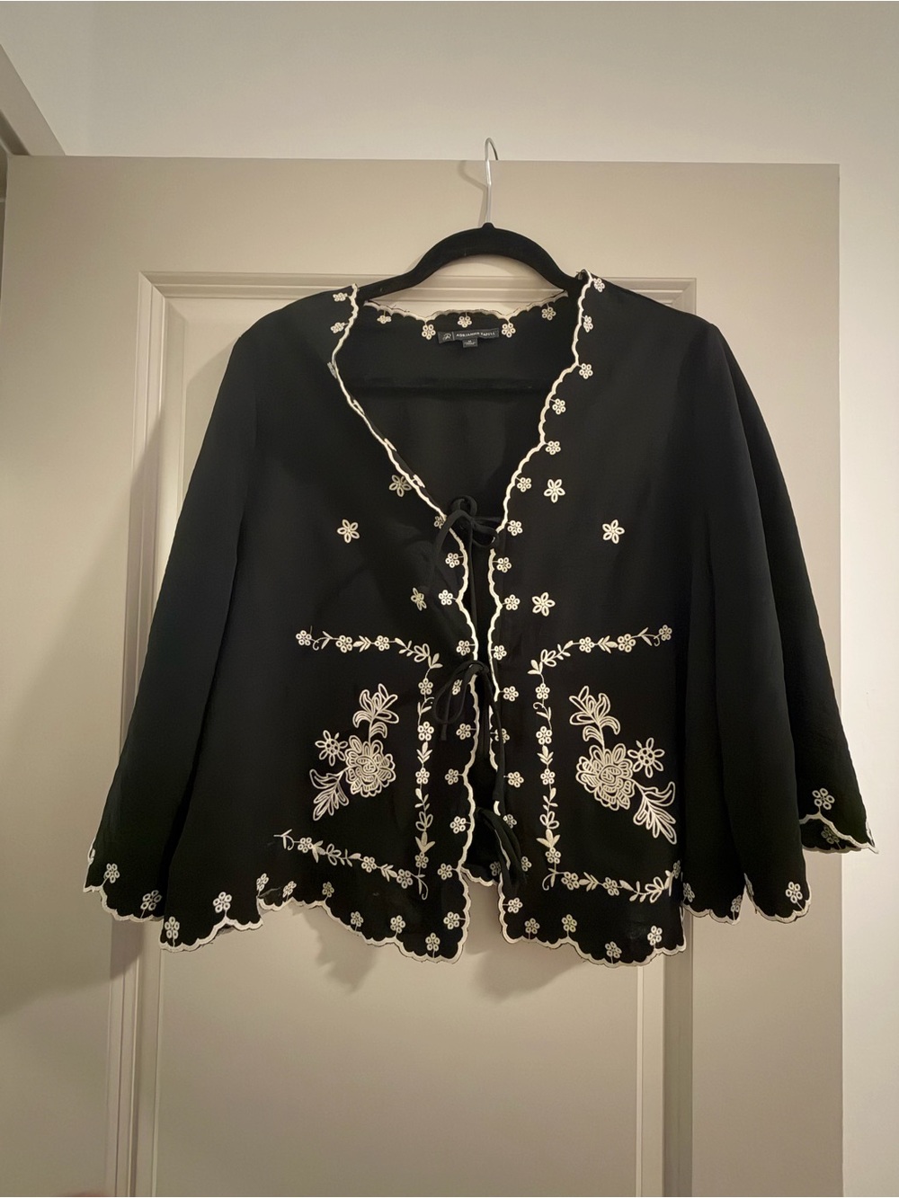 Adrianna Papell Black Tunic Top with White Floral Embroidery